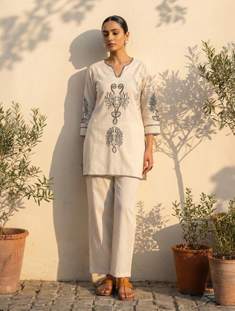 trueBrowns Ivory Black Embroidered Co-Ord Set - Image 1